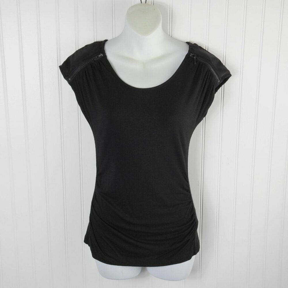 Calvin Klein Women's Black Short Zipper Shoulder Sleeve Knit Top Open Back Sz XS - Picture 2 of 7